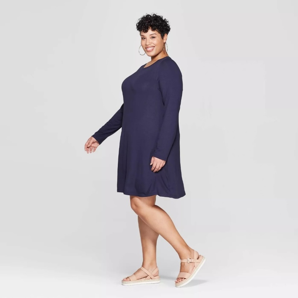 Plus Size Long Sleeve Scoop Neck Knit Swing Dress